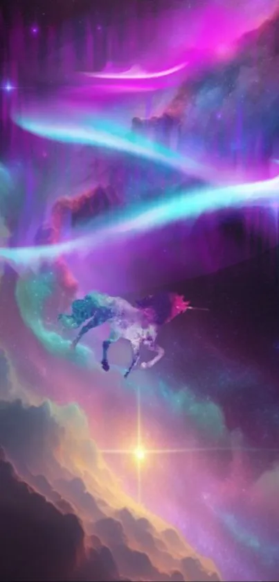 Ethereal unicorn amidst vibrant cosmic galaxy with colorful clouds.