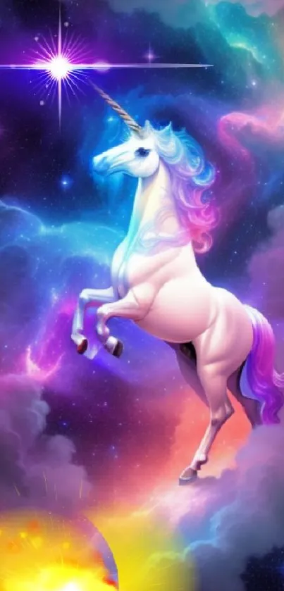 Magical unicorn with galaxy background wallpaper.