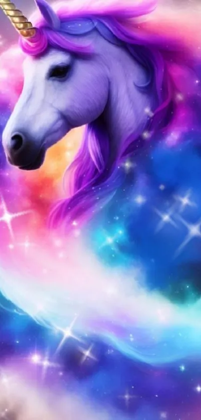 Vibrant unicorn in a colorful galaxy with stars and mystical vibes.