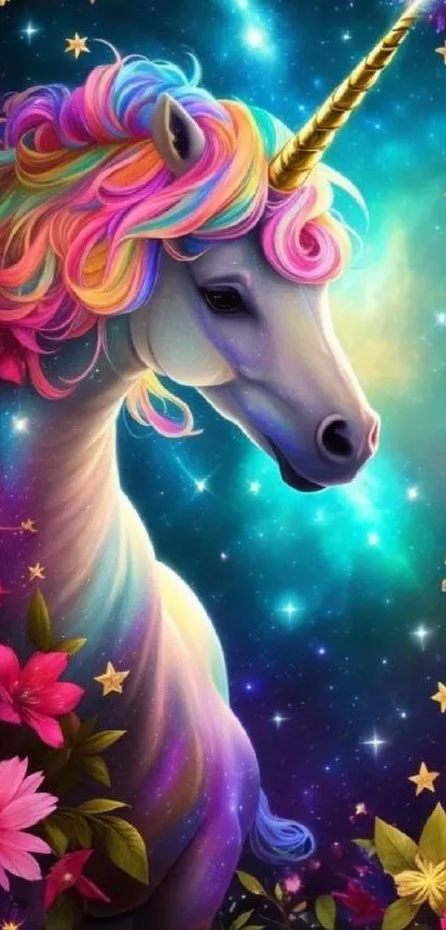 Vibrant unicorn in a colorful galaxy with flowers and stars.