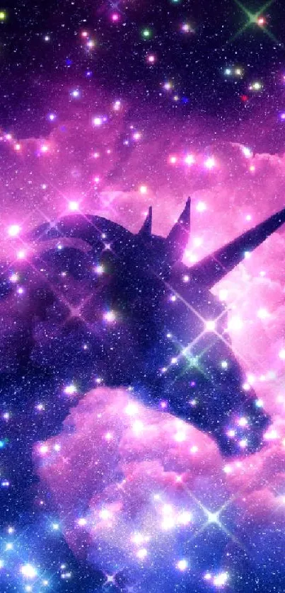 Unicorn silhouette amidst purple galaxy stars.