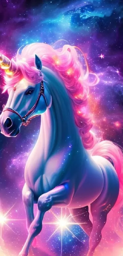 Colorful wallpaper featuring a unicorn in a cosmic galaxy setting.