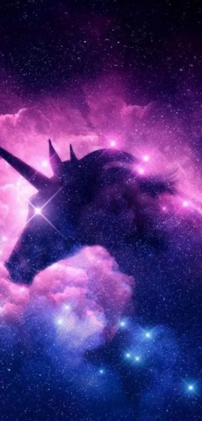 Purple galaxy with unicorn silhouette wallpaper.