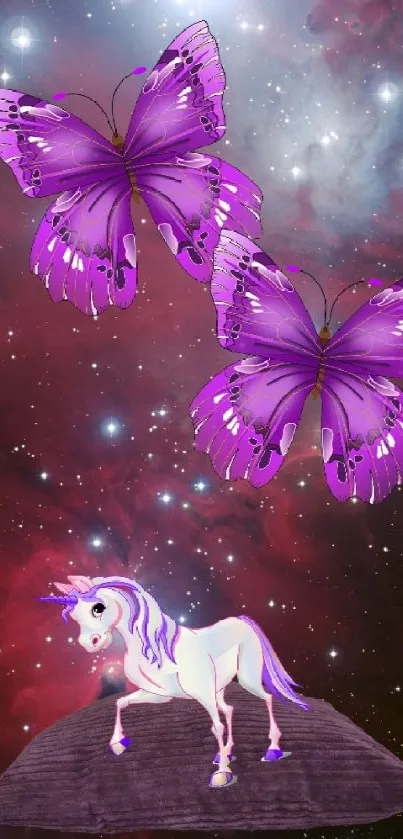 Unicorn and butterflies in galaxy wallpaper.