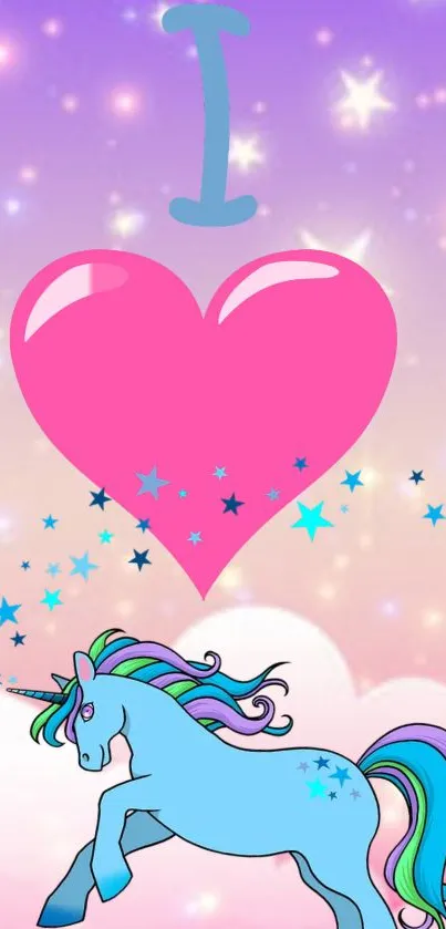 Colorful unicorn with a pink heart and stars on a dreamy background.