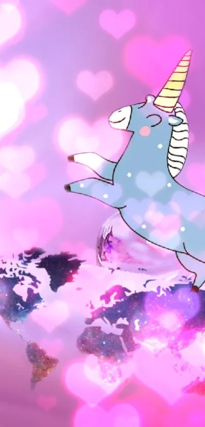 Whimsical unicorn with pink heart design wallpaper on a fantasy background.