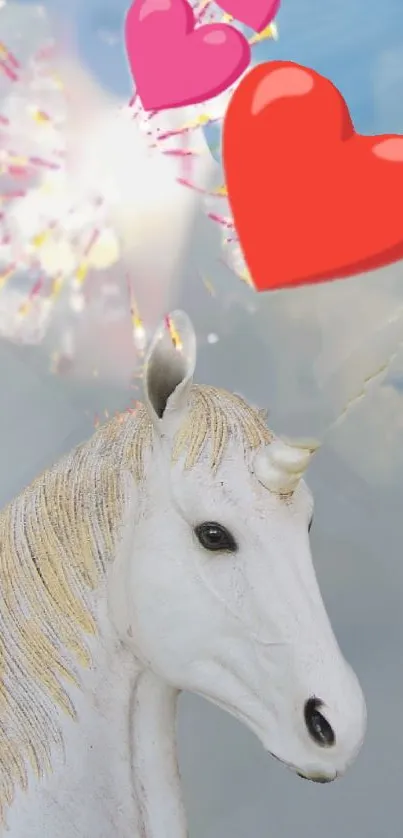 Whimsical unicorn and hearts mobile wallpaper with a sky blue background.