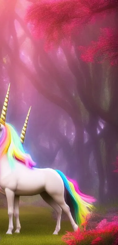 Magical unicorn with rainbow mane in pink enchanted forest.