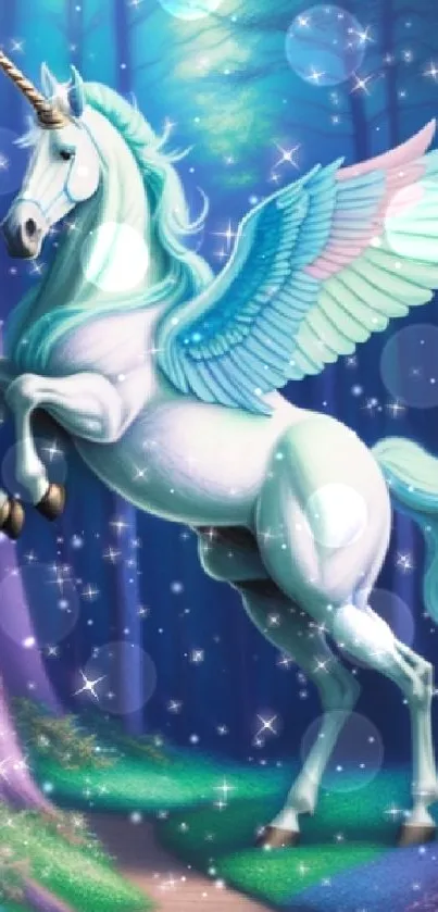 A majestic unicorn with wings in a mystical forest wallpaper.