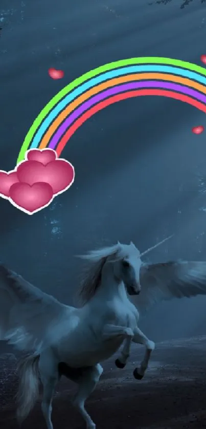 Magical unicorn under rainbow in dark enchanted forest scene.