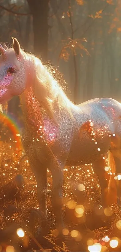 Sparkling unicorn standing in magical golden forest with glowing bokeh.