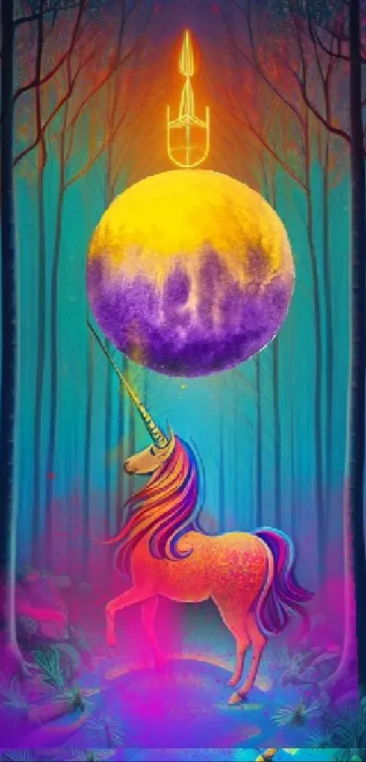 A unicorn stands under a glowing moon in a magical, colorful forest.