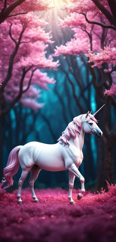 Majestic unicorn in a pink enchanted forest with magical ambiance.