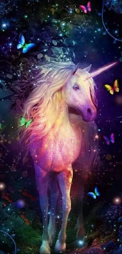 A mystical unicorn with butterflies in a magical forest.