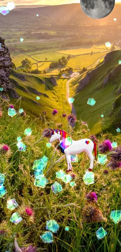 Unicorn in a vibrant, crystal-filled landscape at sunset.