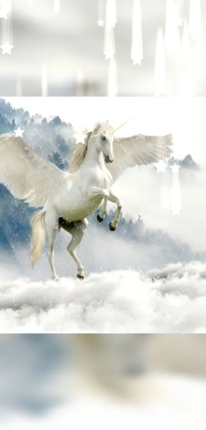 White unicorn flying among clouds and stars.