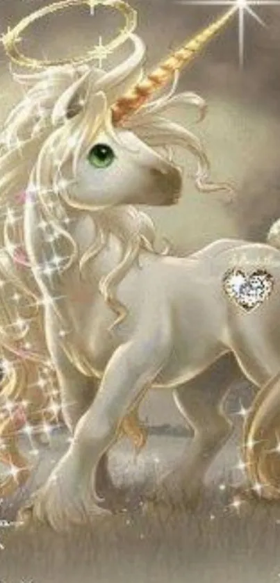 Mobile wallpaper of a majestic unicorn with a sparkling horn and golden tones.