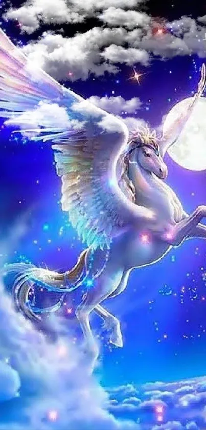 Magical unicorn flying in a starry night sky with vibrant colors.