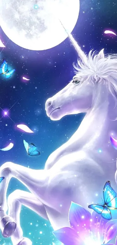Magical unicorn with butterflies under a full moon in a vibrant floral setting.