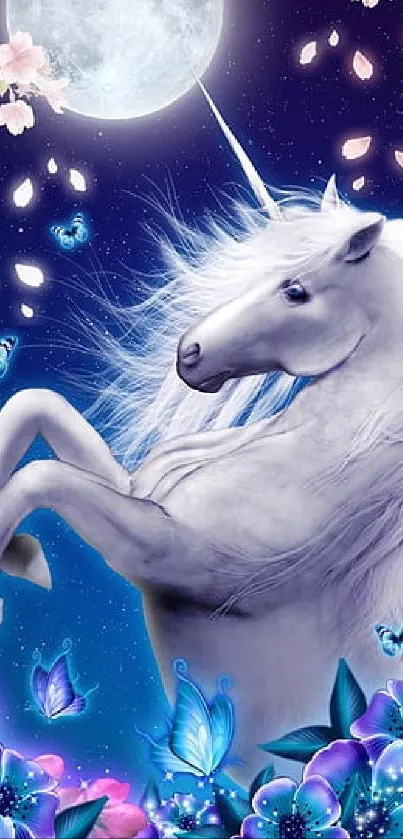 Mystical unicorn under a moonlit night with vibrant blossoms and butterflies.