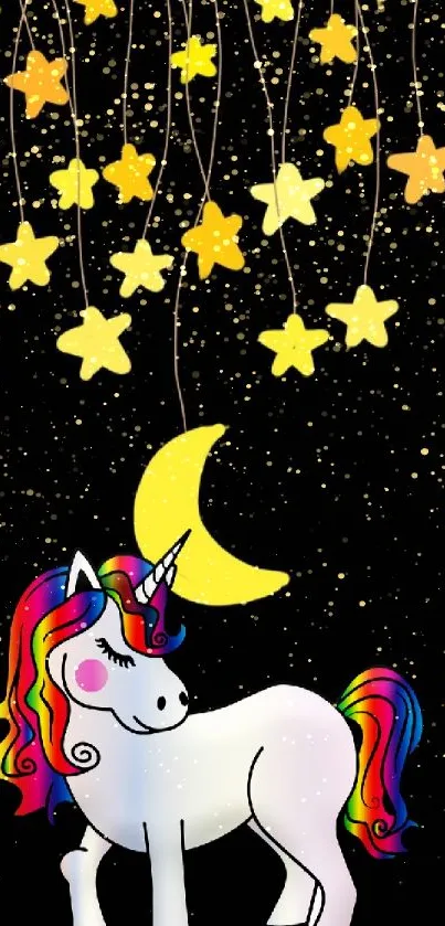 Magical unicorn under stars and crescent.