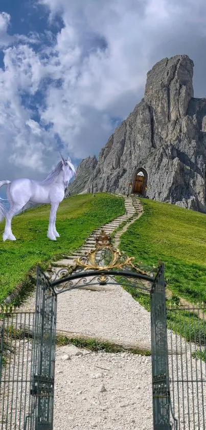 A unicorn stands on a hill with a mountain and cloudy sky backdrop.