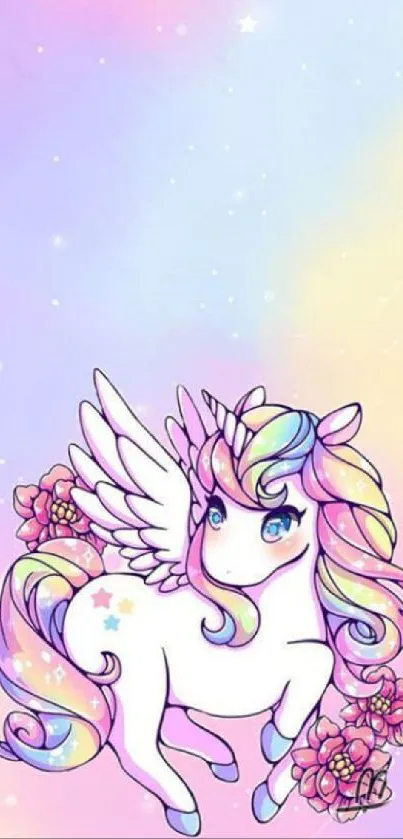 Whimsical unicorn with pastel rainbow mane and wings on a soft gradient background.