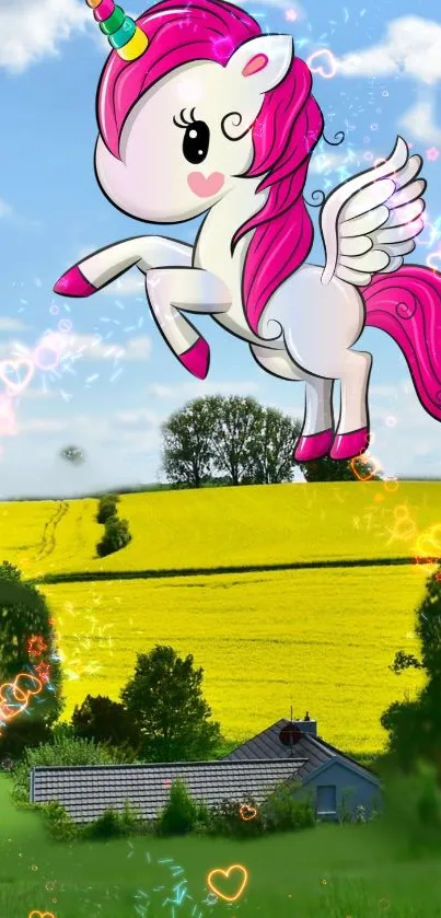 Whimsical animated unicorn in colorful countryside scene.