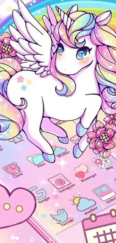 Whimsical pastel unicorn with rainbow and flowers on mobile wallpaper.