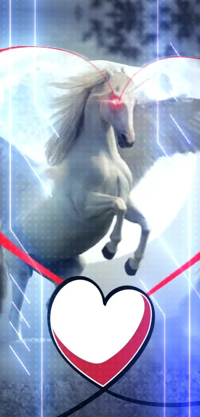 Mystical unicorn with heart overlay, blue tones.