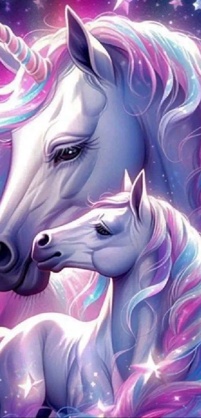 Beautiful unicorn and foal in a mystical fantasy art setting with stars