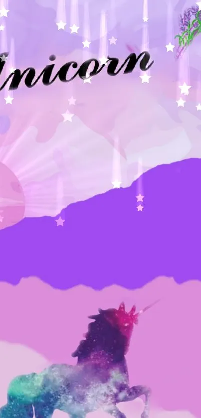 Vibrant unicorn silhouette on purple background with stars.