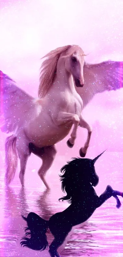 Enchanting pink wallpaper with unicorns over shimmering waters.