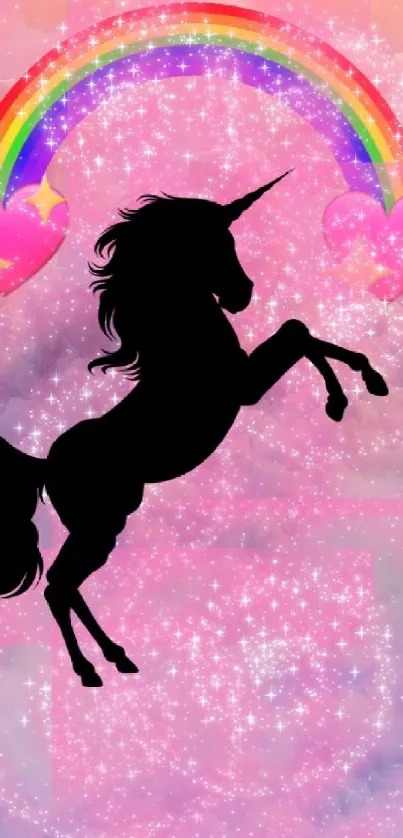 Silhouette of a unicorn with a rainbow on a pink sky background with sparkles.