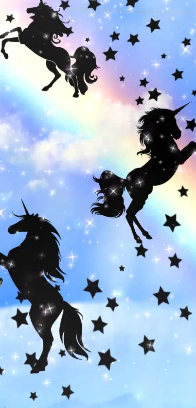 Magical unicorns with stars against a vibrant rainbow sky background.