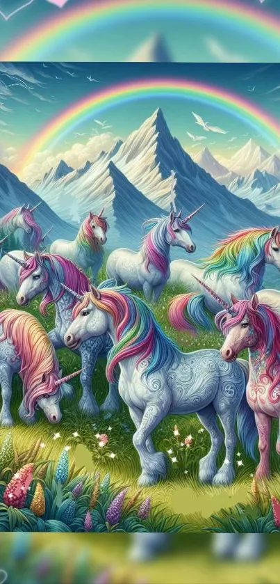 Colorful unicorn and rainbow mountain scene wallpaper.