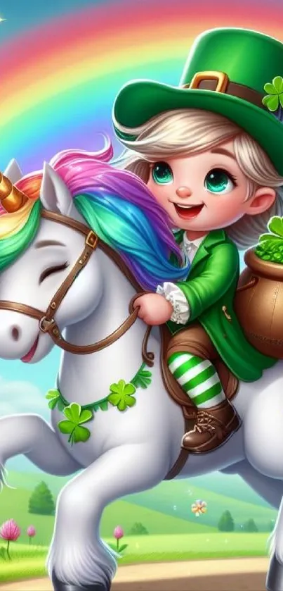 Leprechaun on unicorn with rainbow background.