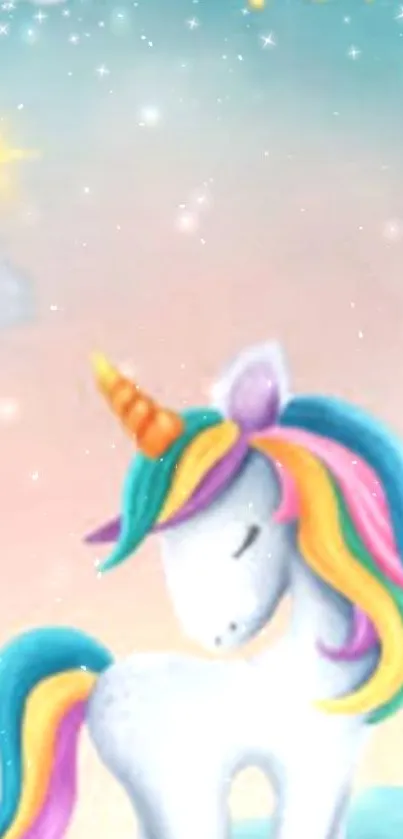 Magical unicorn with colorful mane and dreamy background.