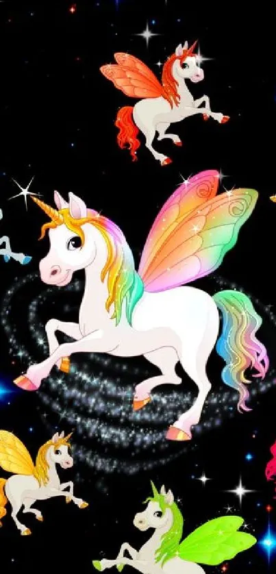 Colorful unicorns with wings on a cosmic background wallpaper.