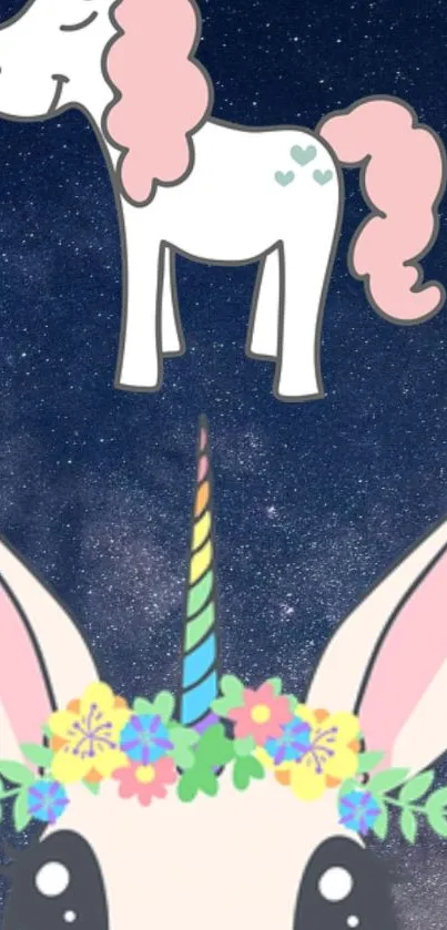 Cute unicorn with pastel mane under starry sky phone wallpaper.