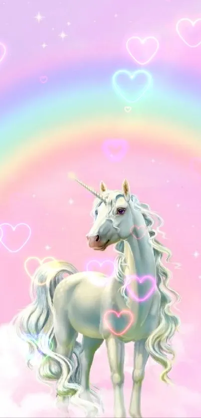 Magical unicorn with rainbow on pastel pink background.