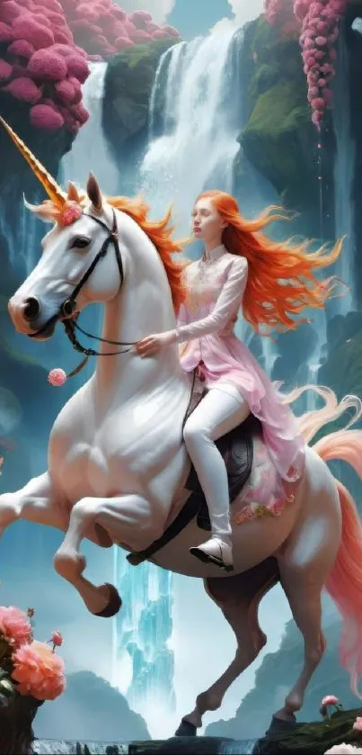A fantasy landscape with a unicorn and waterfalls, vibrant flowers all around.