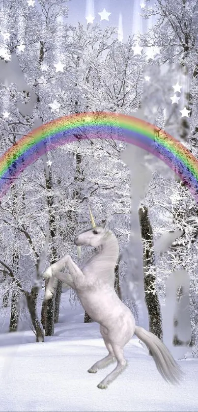 Unicorn in snowy forest with rainbow and stars.