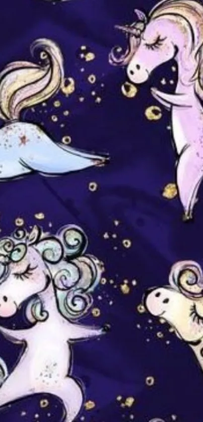 Whimsical unicorns on a dark blue background wallpaper.