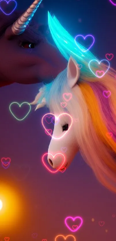 Two unicorns with vibrant manes under a purple night sky.