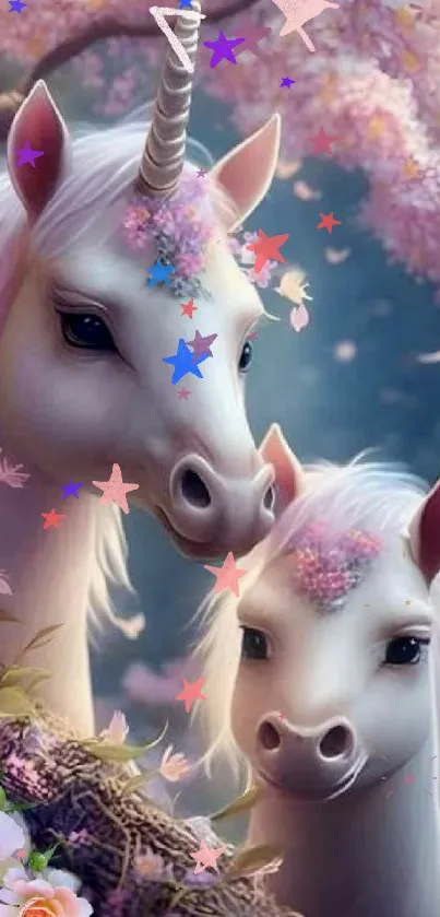 Magical unicorns with pink blossoms in a fantasy setting wallpaper.