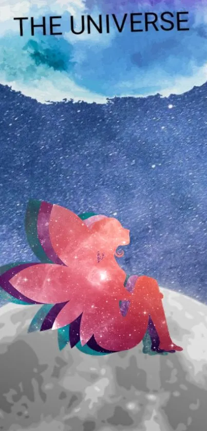 Celestial fairy sitting on moon in colorful galaxy wallpaper.