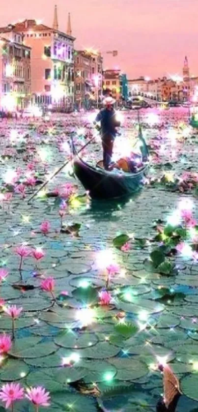 Venice gondola amid sparkling pink lotus flowers on a tranquil canal.