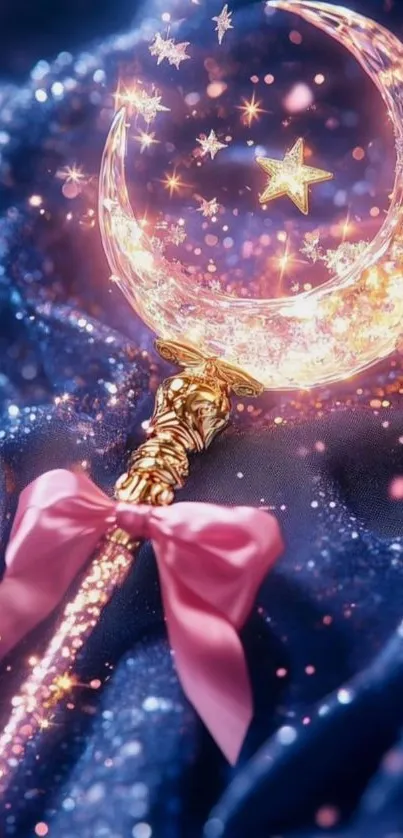 A sparkling magical wand with crescent and star on a starry night background.