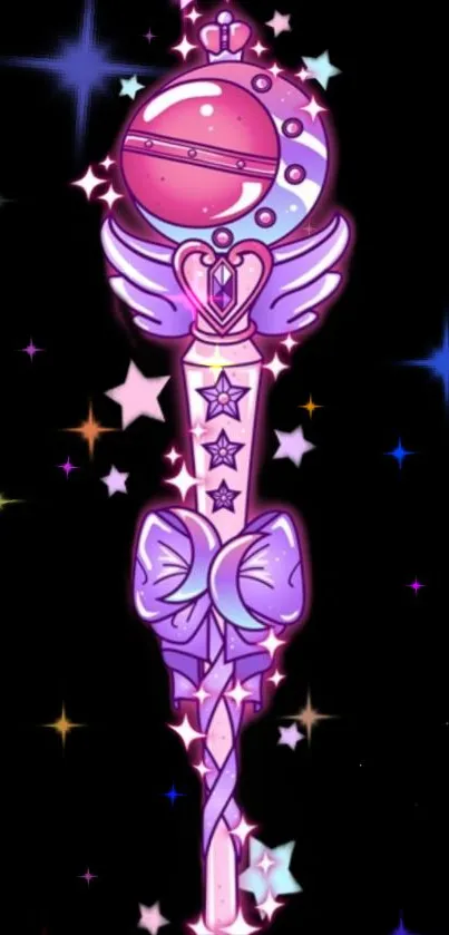 Magical wand with stars and purple glow on a black background.